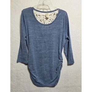 Faded Glory Blue Heathered Top Lace Back 3/4 Sleeve Size L Scoop Neck